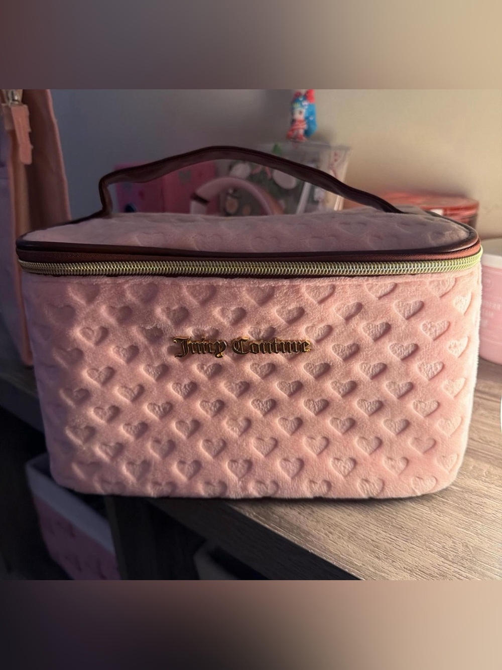Juicy Couture Blush Pink Quilted Heart Cosmetic Case with Gold Logo